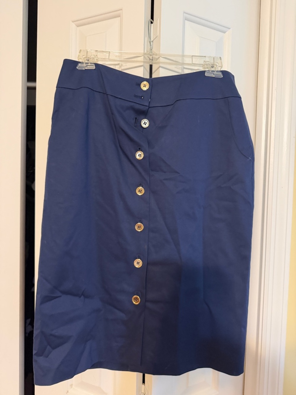 Talbots Navy Button-Front Midi Skirt with Gold Buttons
